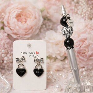 Fun Fashion Black and Silver Handmade Earring And Pen Set